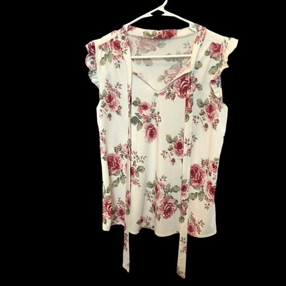 First Love sleeveless V neck blouse cream and pink floral Large - Picture 4 of 6
